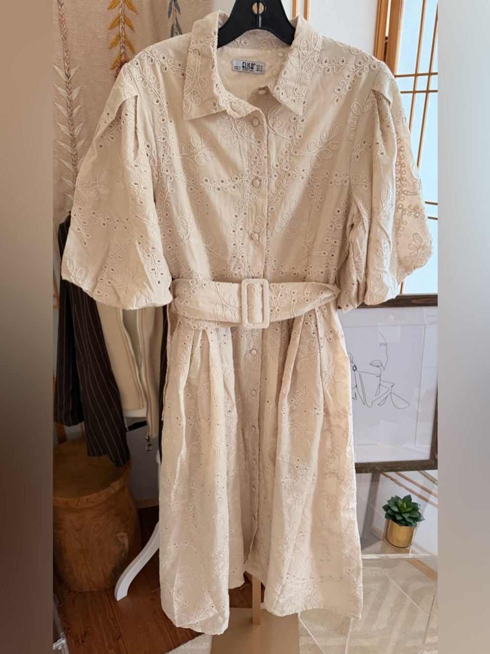 ELISA Balloon Sleeves Pleated Eyelet Embroidered Cotton Shirt Dress – Size M
